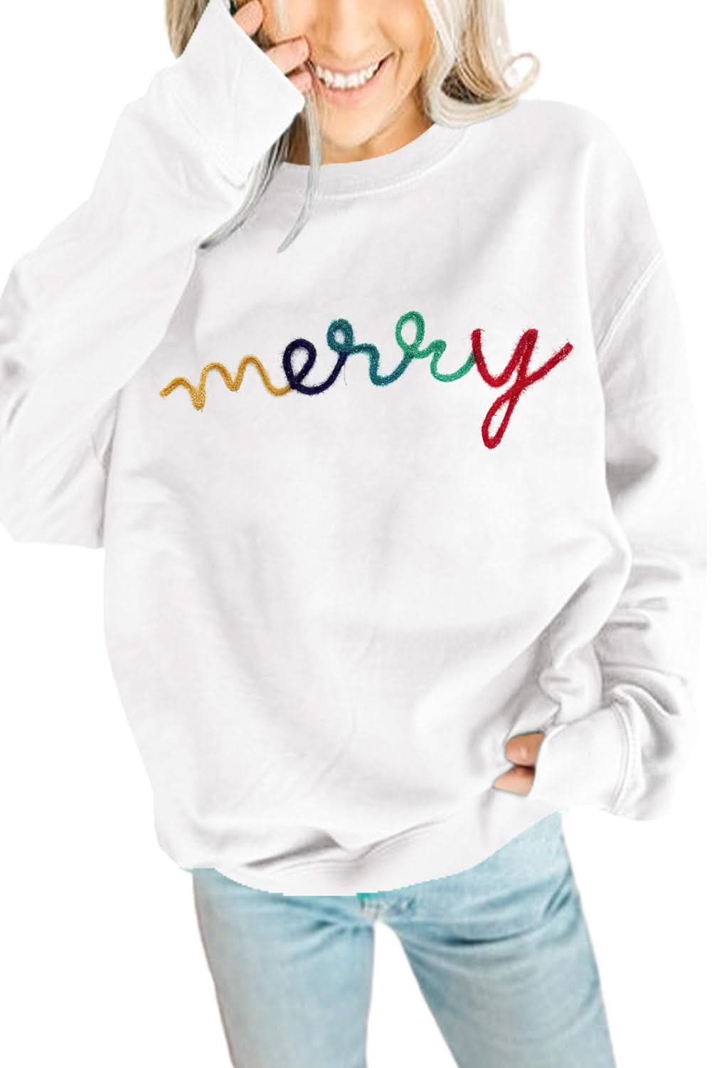 White MERRY Graphic Pullover Sweatshirt - Love Salve
