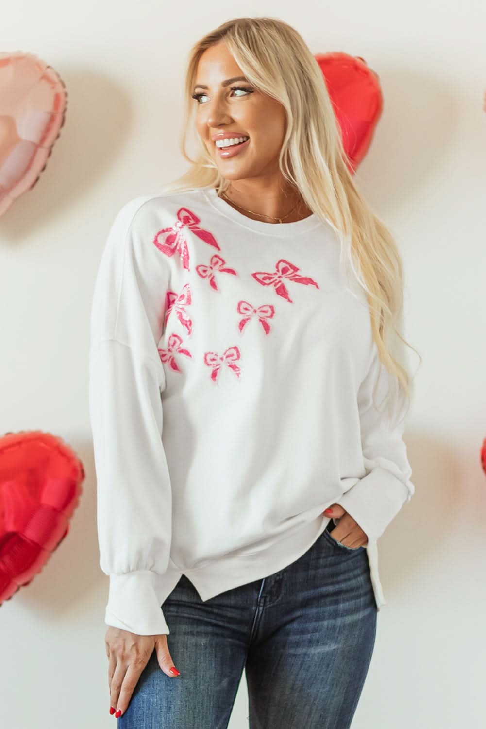 White Sequin Bowknot High Low Oversize Sweatshirt - Love Salve