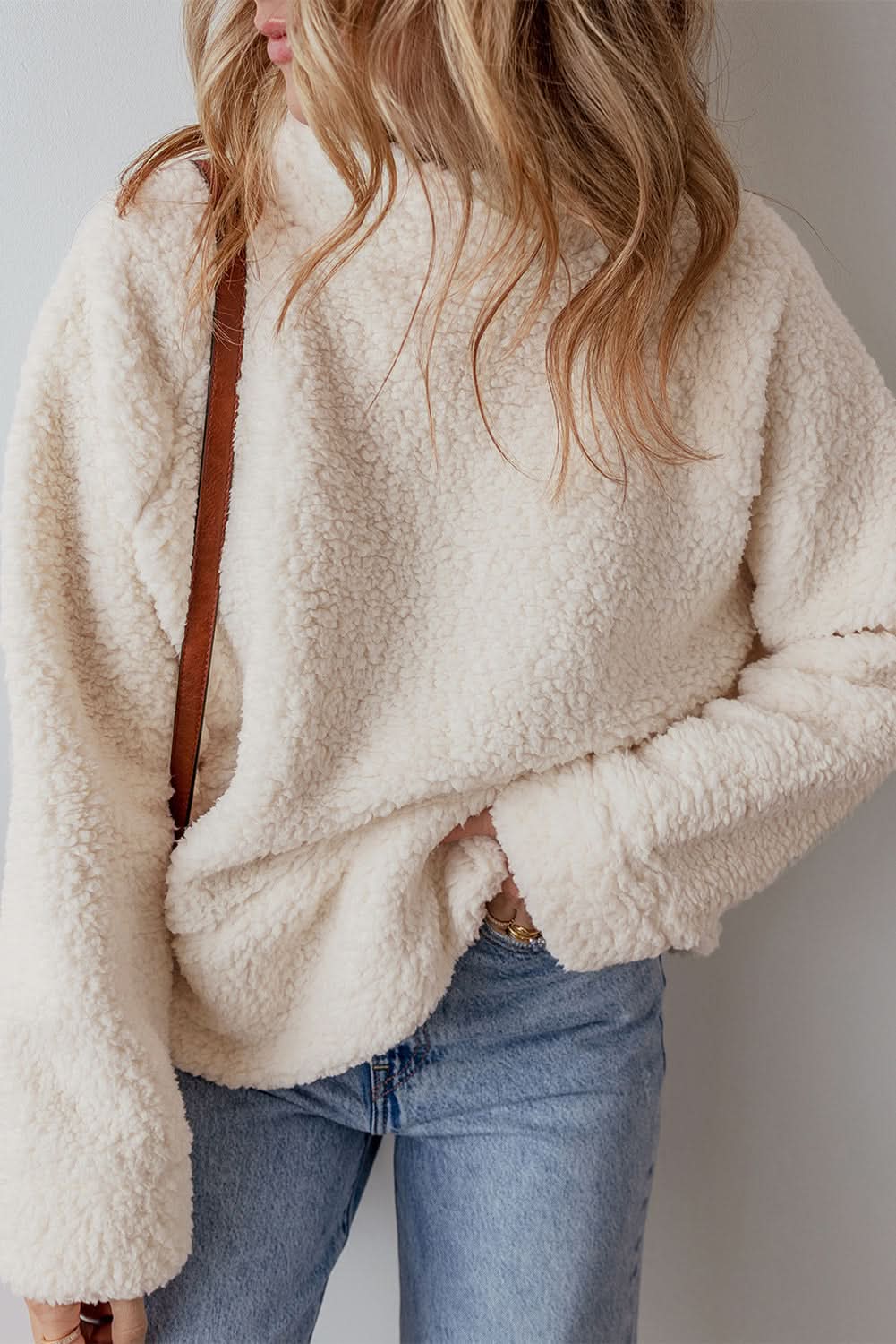 White Solid Fleece High Neck Drop Shoulder Pullover Sweatshirt - Love Salve