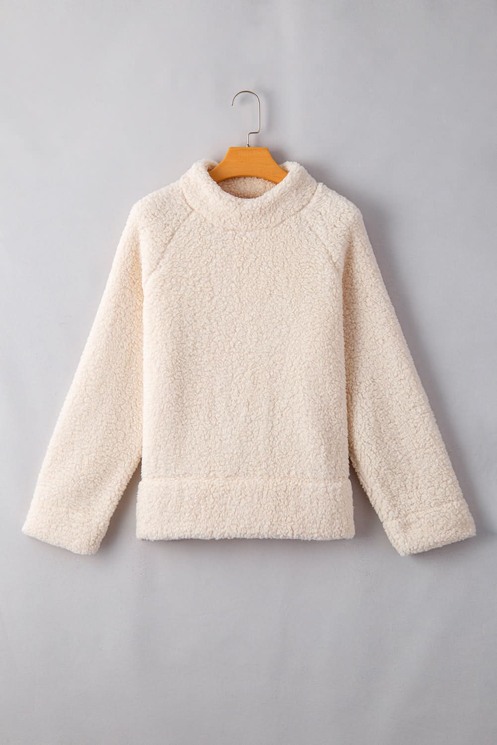 White Solid Fleece High Neck Drop Shoulder Pullover Sweatshirt - Love Salve