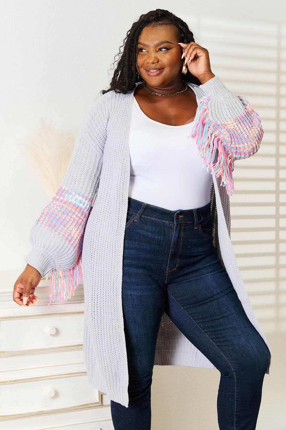 Woven Right fringe sleeve cardigan