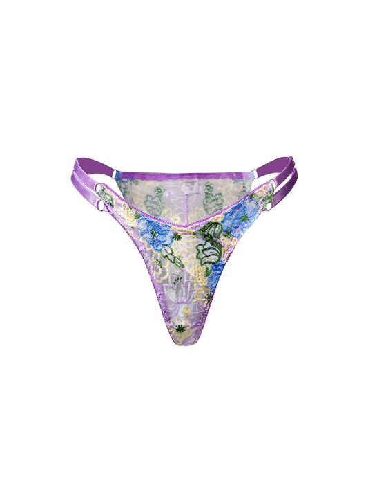Purple Florals Embroidered Mesh Sheer Thong Lingerie Hello.LA.Girl