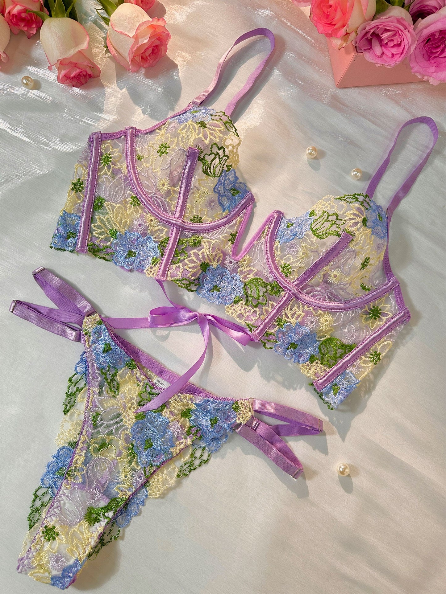 Purple Florals Embroidery Bustier Lingerie Set