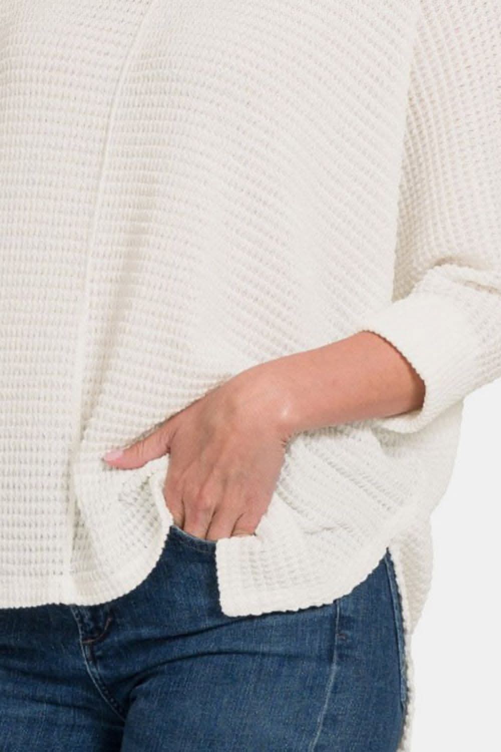 Zenana Full Size Round Neck High-Low Slit Knit Top - Love Salve