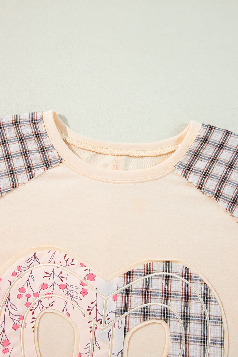 Beige Plaid Floral Peace Heart Graphic Wide Long Sleeve Top - Love Salve