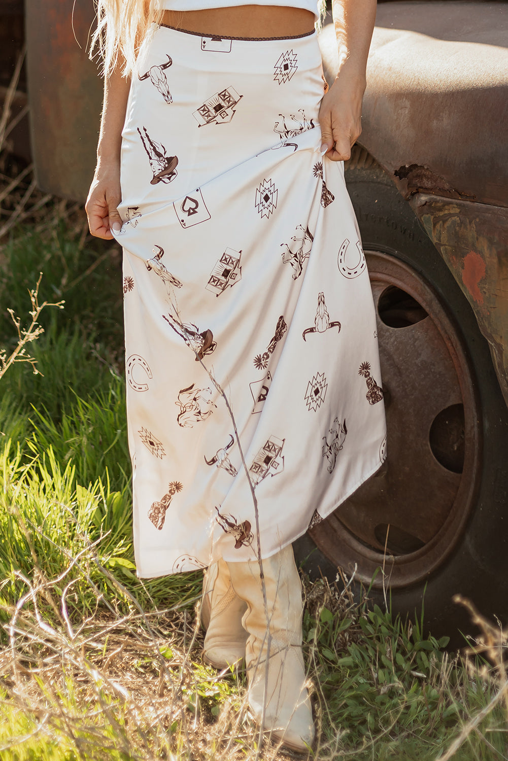 Beige Western Print Satin Long Skirt for Stylish Outfits