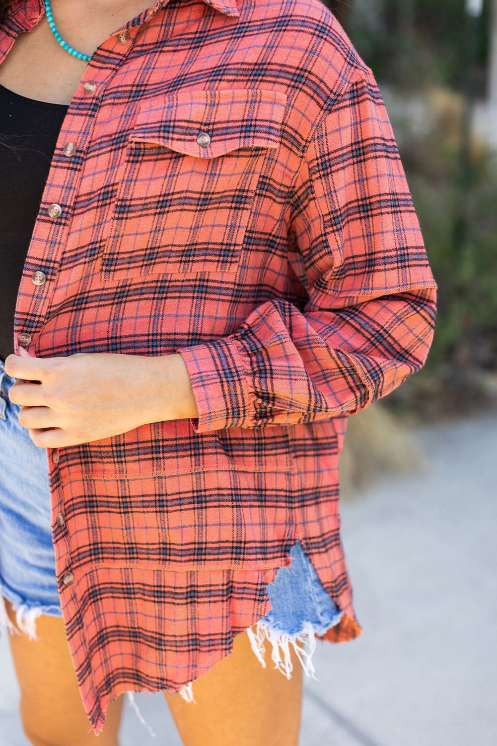 Red Plaid Long Sleeeve Side Split Distressed Hem Shirt - Love Salve