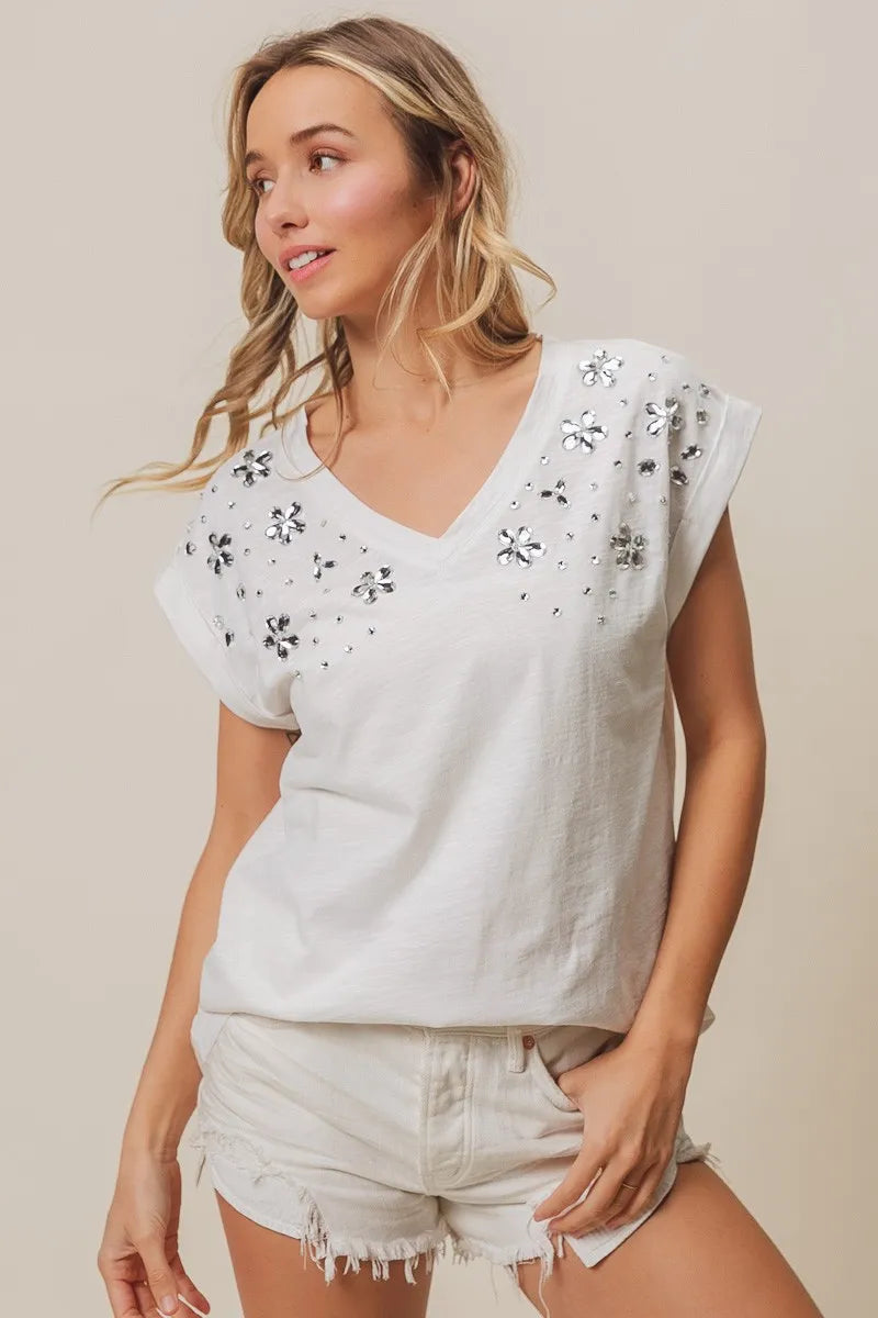BiBi Slub Jersey Rhinestone V Neck Top - Love Salve
