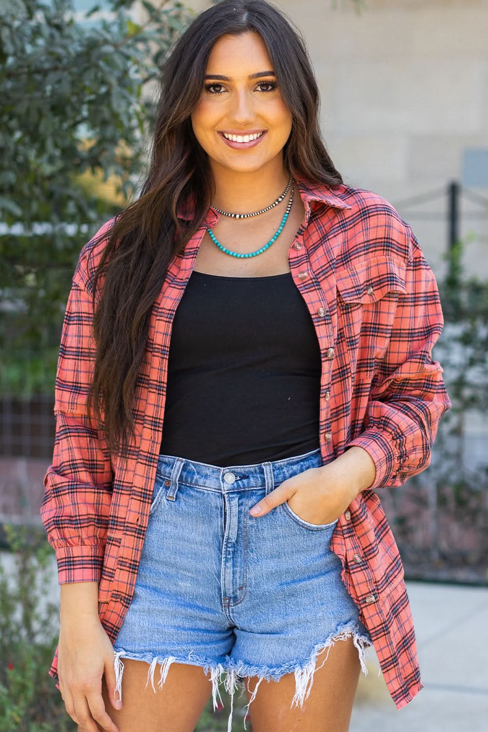 Red Plaid Long Sleeeve Side Split Distressed Hem Shirt - Love Salve