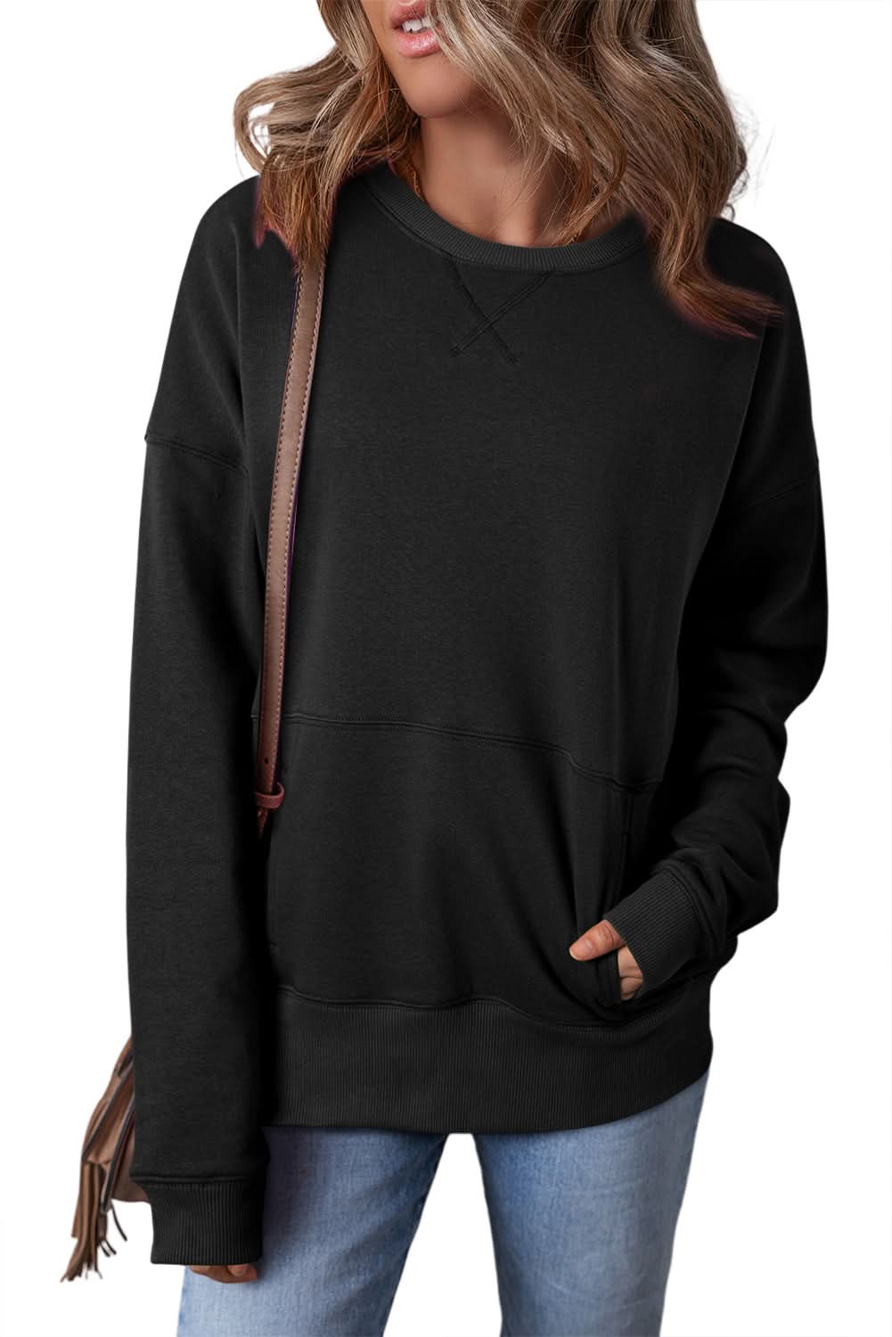 Black Drop Shoulder Crisscross Stitching Pocketed Loose Sweatshirt - Love Salve