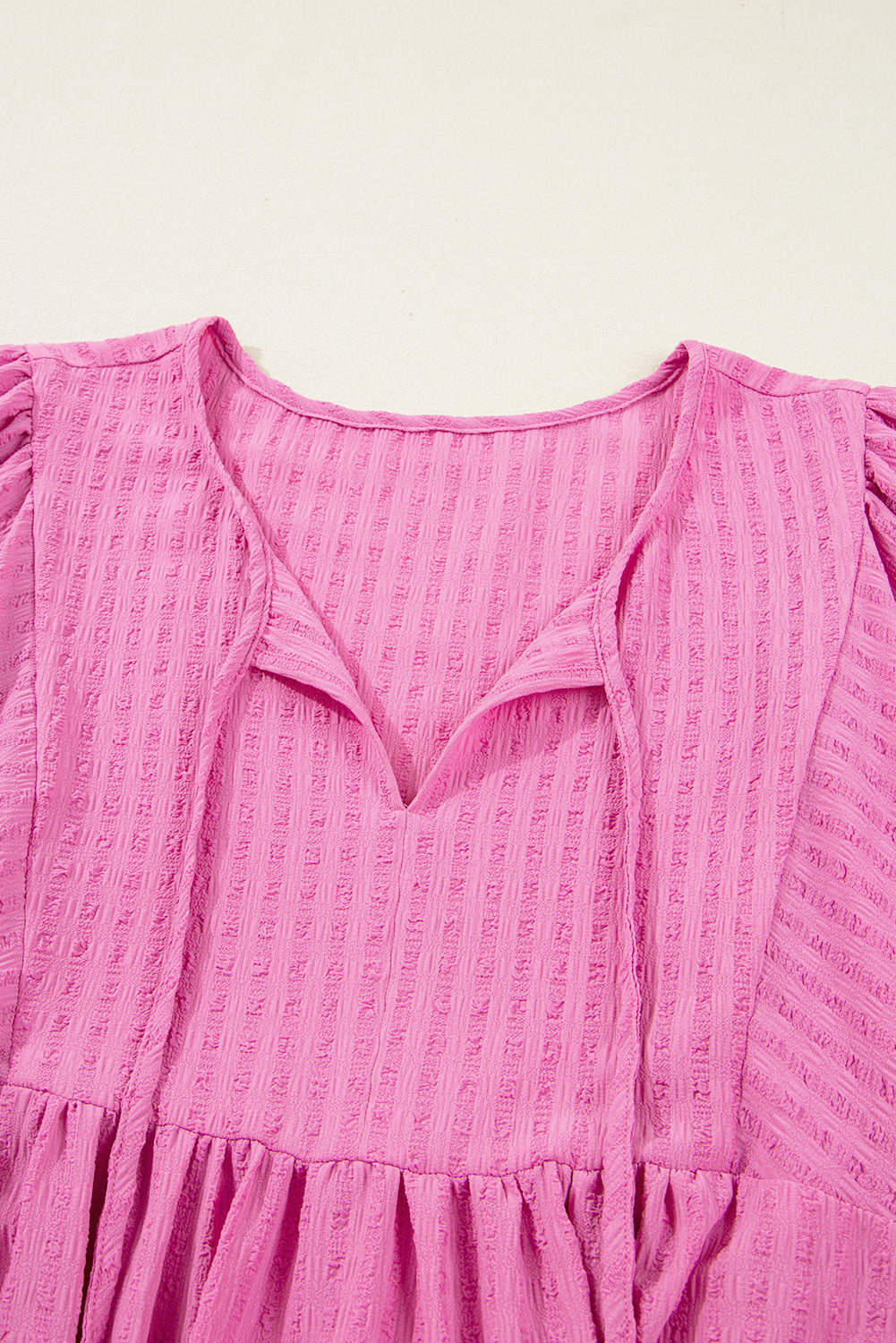 Premium Sachet Pink Plus Size Textured Tie Split Neck Puff Sleeve Flowy Mini Dress Dear-Lover Dropshipping