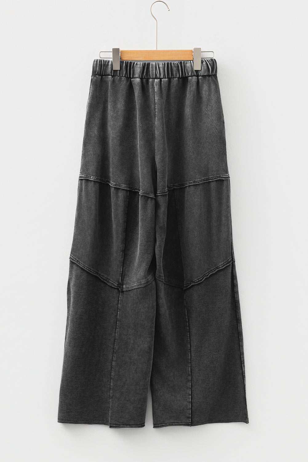 Premium Black Mineral Wash Tiered Wide Leg Patchwork Drawstring Pants