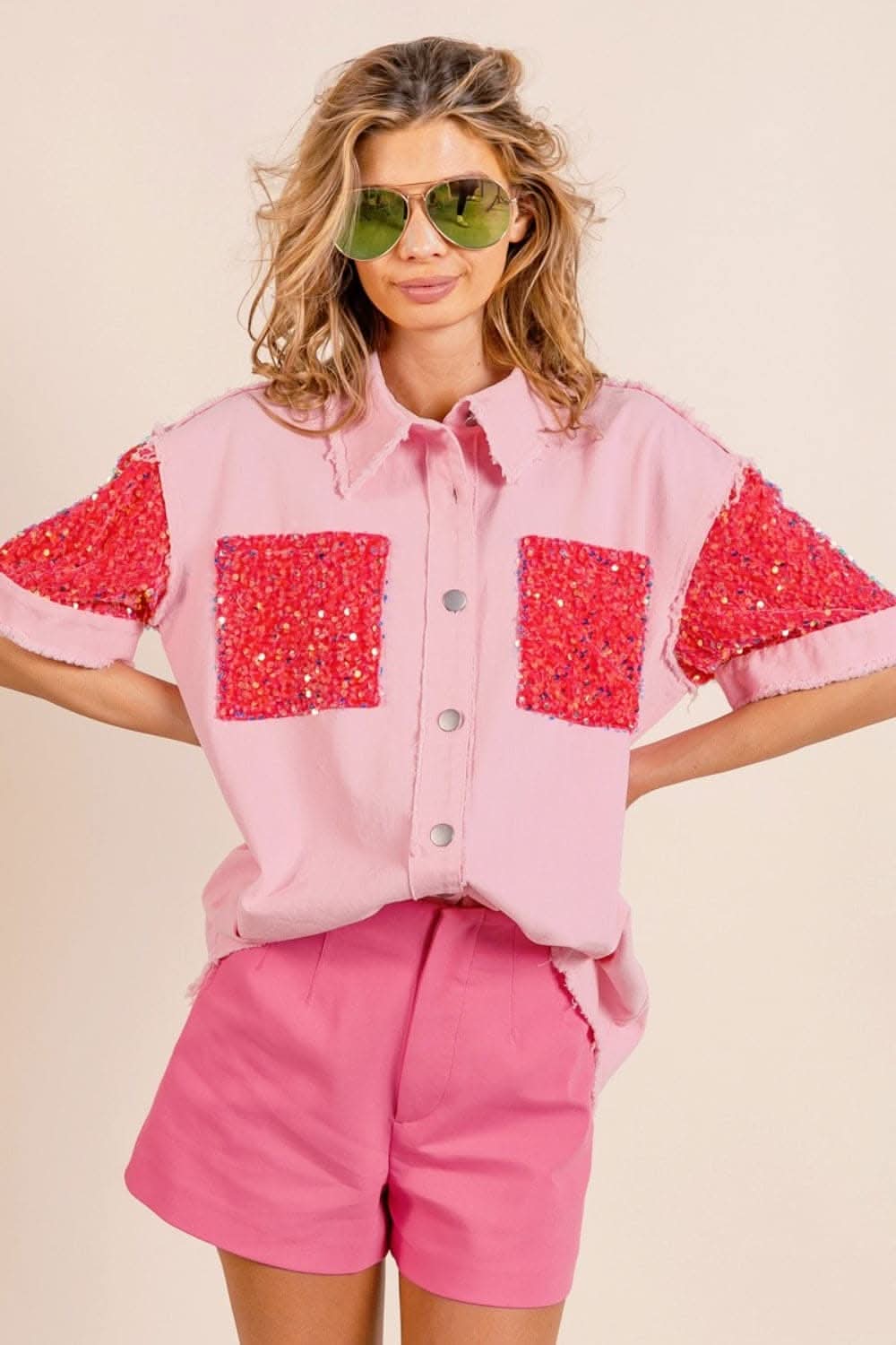 BiBi Sequin Detail Raw Hem Short Sleeve Shirt - Love Salve