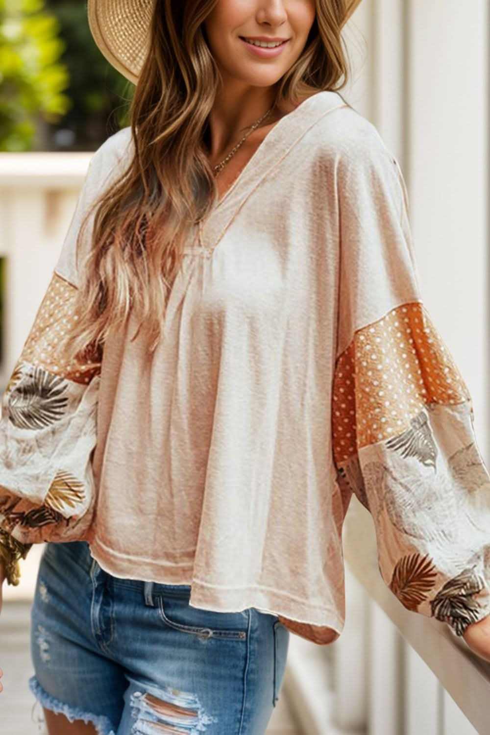 Printed V-Neck Long Sleeve Blouse - Love Salve