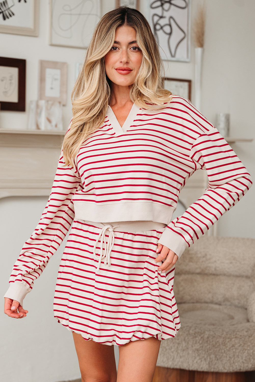 Red Stripe Cropped Collared Pullover and Bubble Mini Skirt