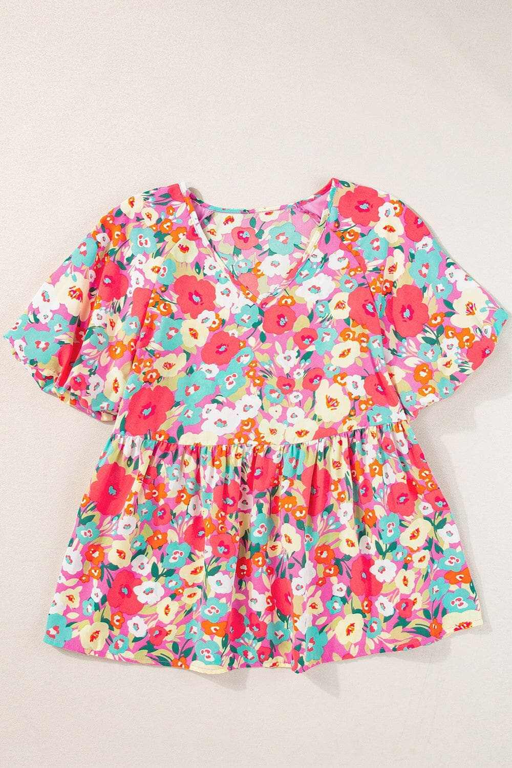 Floral peplum blouse - v-neck, short sleeve - Love Salve