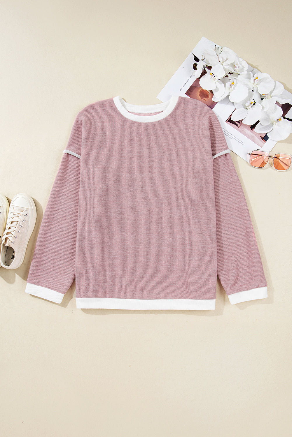 Light Pink Trim Knitted Drop Shoulder Top Plus Size Dear-Lover Dropshipping