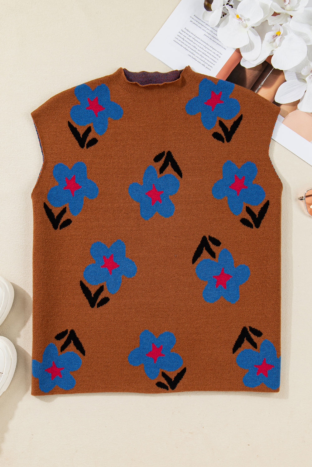 Chestnut Floral High Neck Knit Sweater Vest For Women