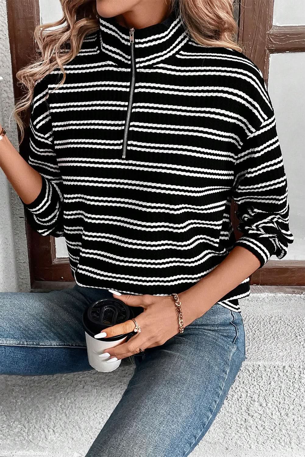 Black Stripe Textured Quarter Zip Collar Long Sleeve Top - Love Salve