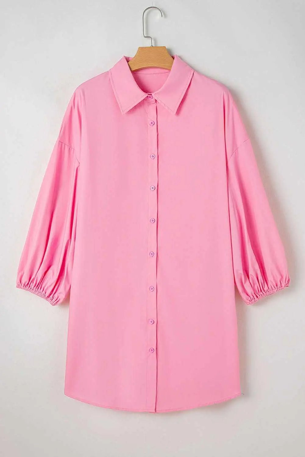 Bright Pink Balloon Sleeve Button Up Mini Shirt Dress - Love Salve