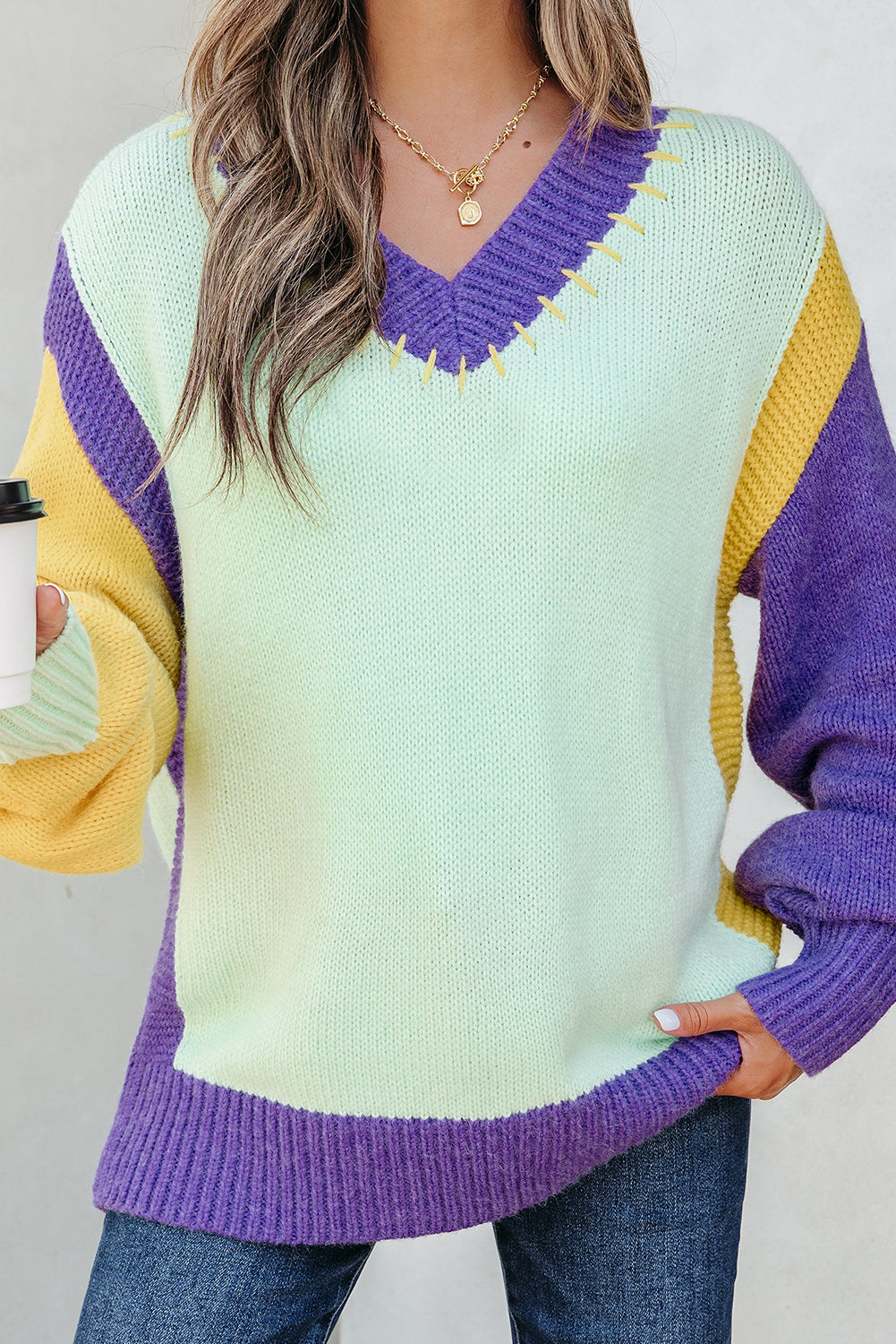 Premium Green Stitched V Neck Color Block Knitted Drop Shoulder Sweater