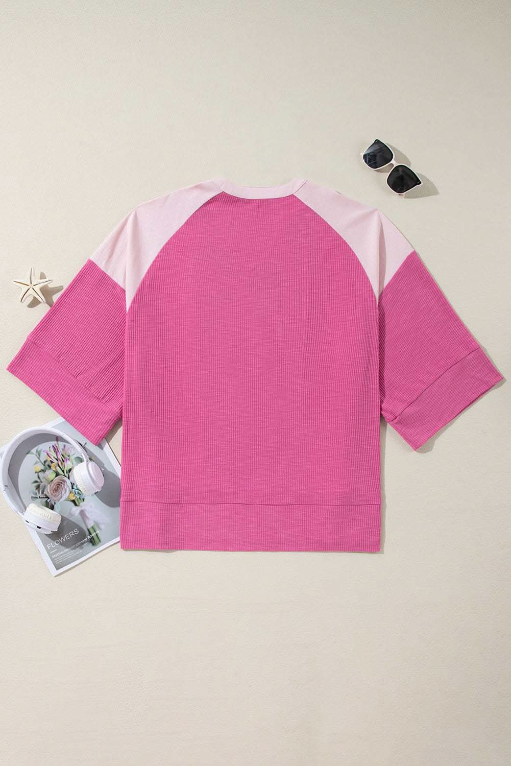 Bright Pink Textured Colorblock 3/4 Sleeve Oversize Top - Love Salve