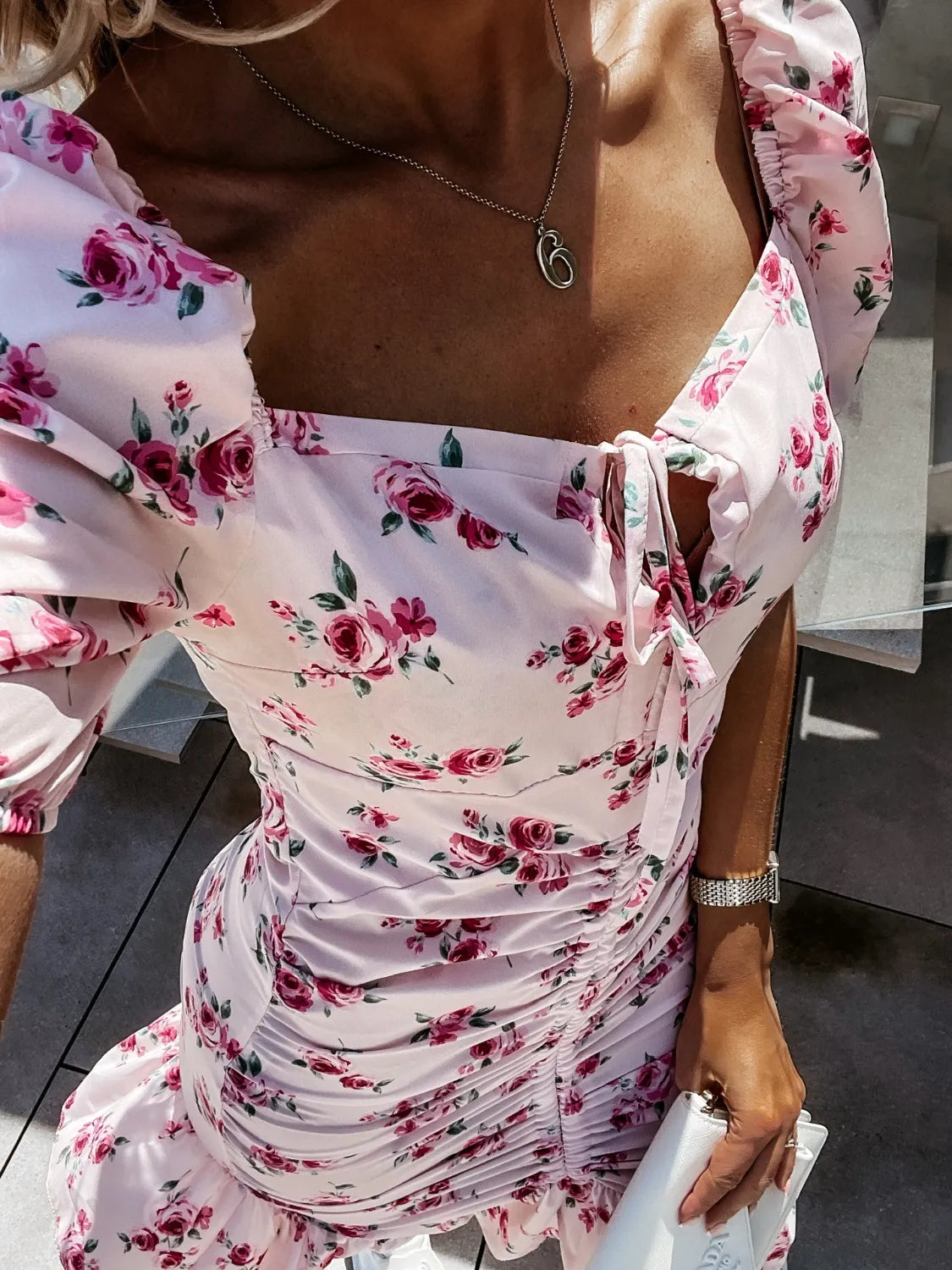 Floral Flirt Ruched Sweetheart Mini Dress – Blue or Blush Pink