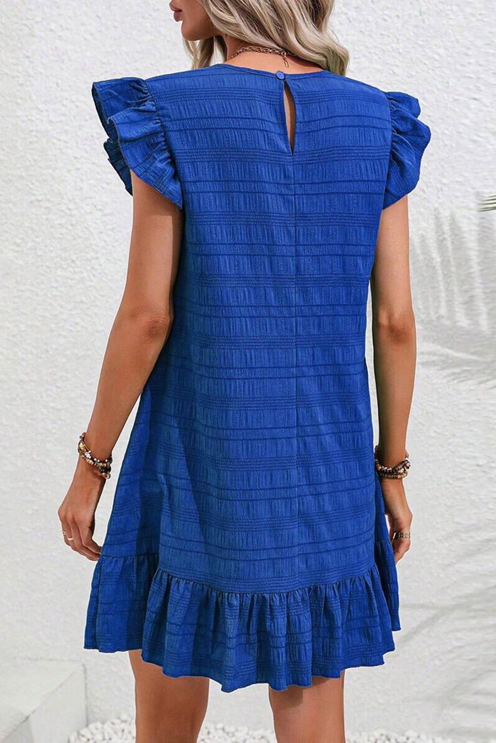 Dark Blue Textured Flutter Sleeve Ruffled Mini Dress for Summer