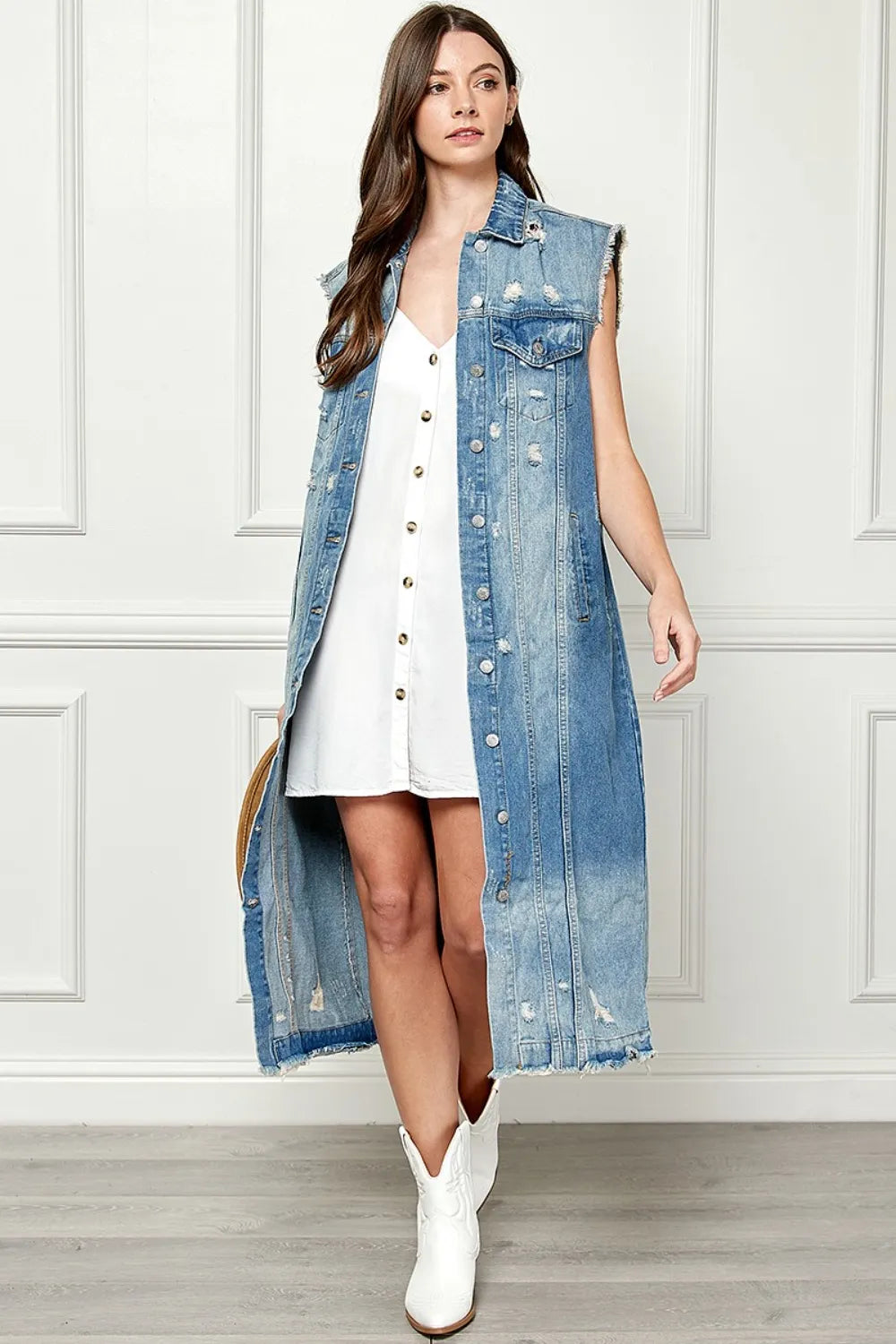 Veveret Full Size Distressed Sleeveless Longline Denim Jacket - Love Salve
