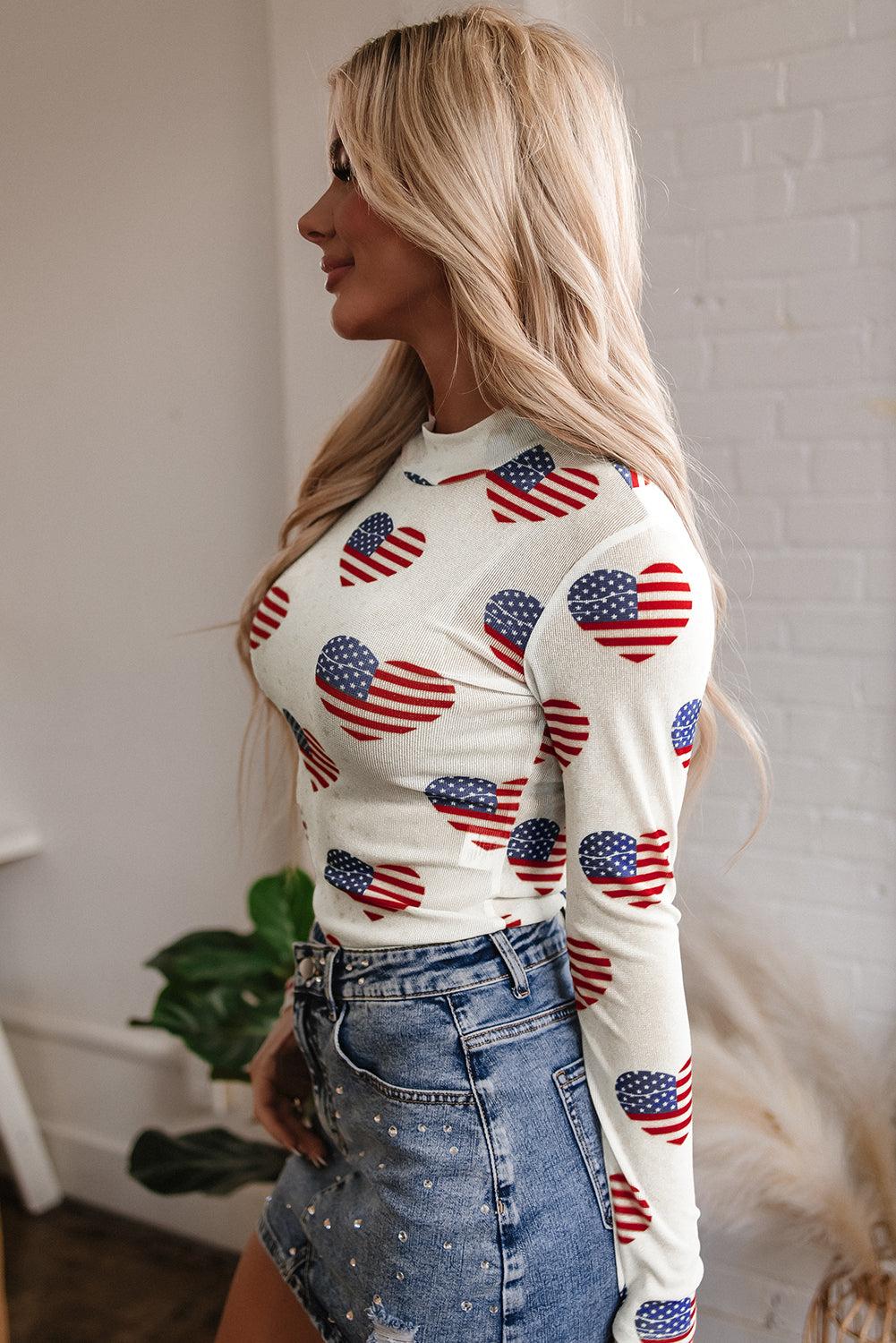White Americana Glitter Mesh Long Sleeve Bodysuit for Women