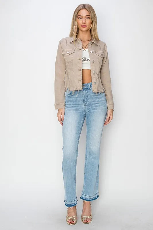 Risen Full Size Raw Hem Button Up Cropped Denim Jacket Plus Size - Love Salve