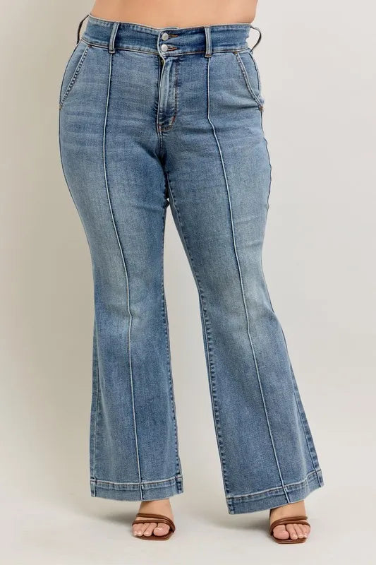 Judy Blue Plus Size High Waist Flare Denim Jeans with Front Seam Detail - Love Salve