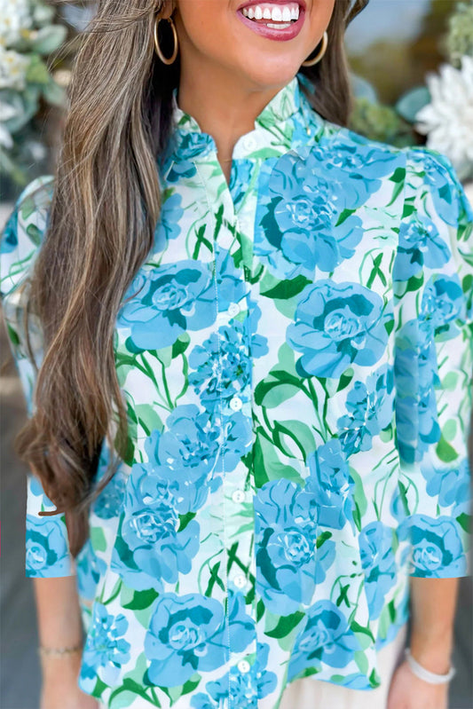Premium Green Floral Frilled Collar Three Quarters Sleeve Elegant Shirt Dear-Lover Dropshipping