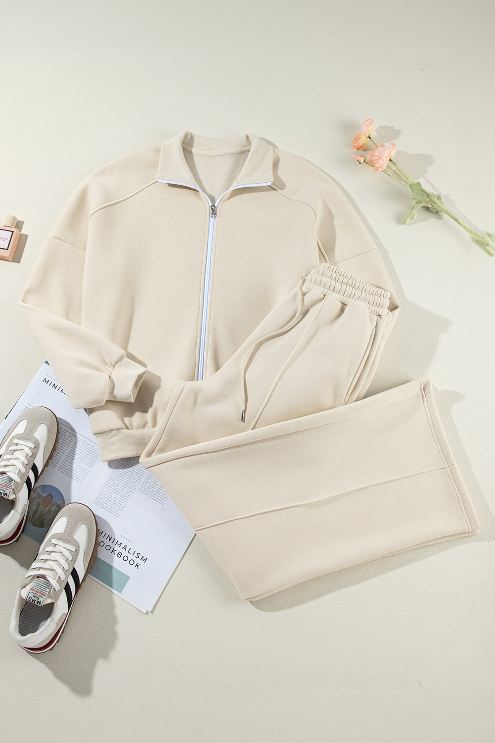 Beige Drop Shoulder Zip Jacket Set 2Pcs Activewear Gear