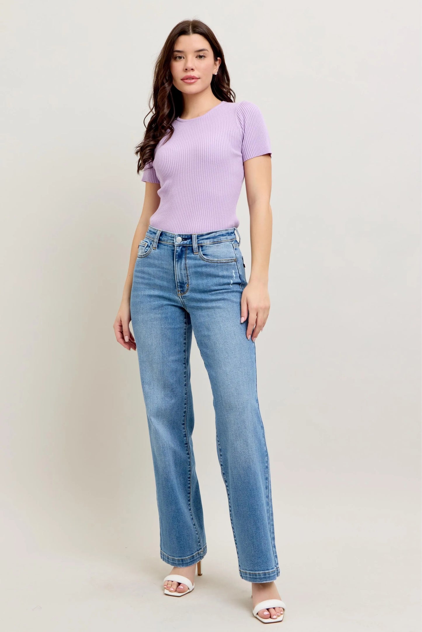 Judy Blue Plus Size High Waist Straight Leg Jeans in Medium Blue Wash - Love Salve