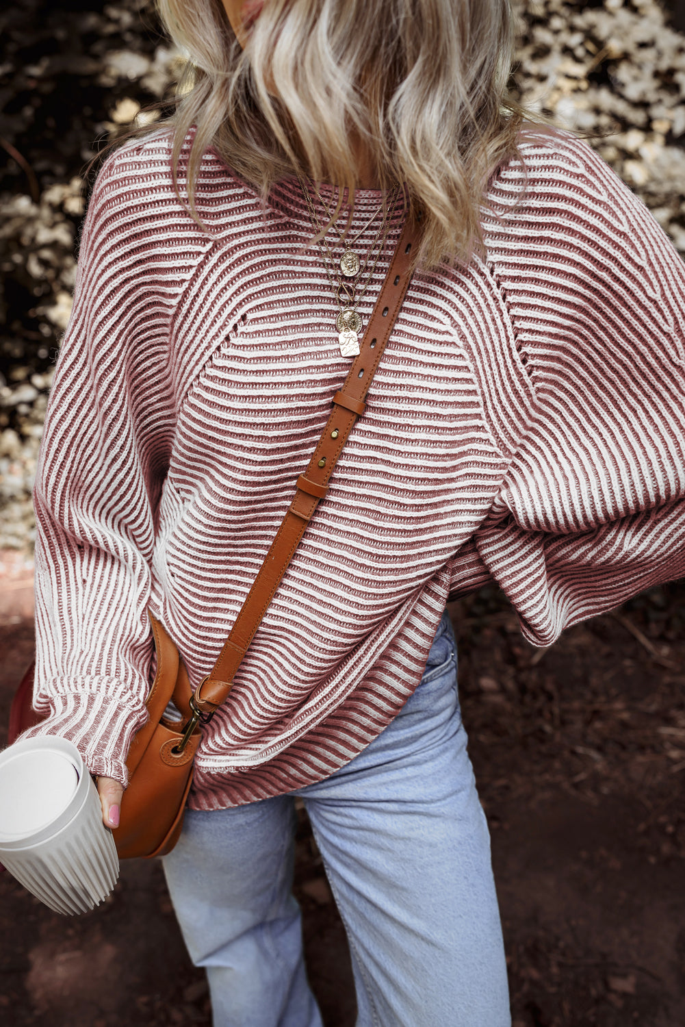 Premium Red Dahlia Striped Print Knit Boat Neck Baggy Sweater