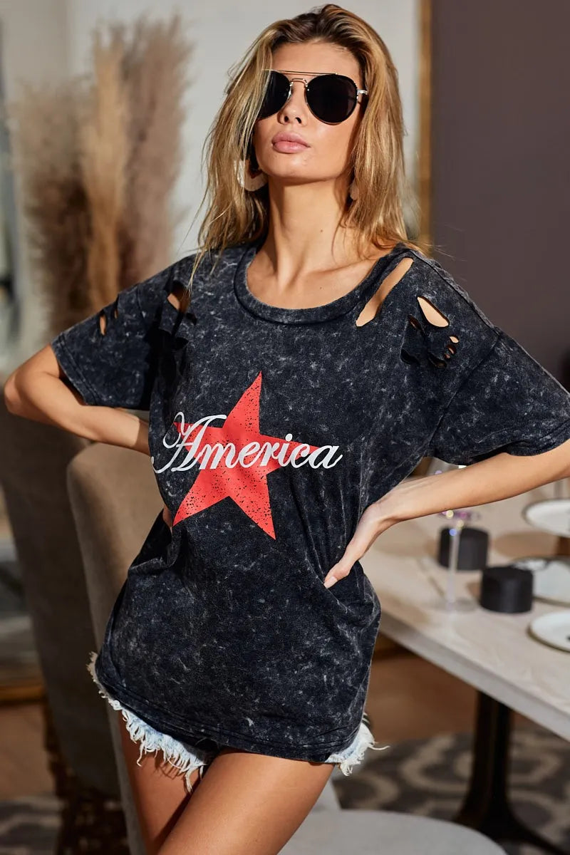 BiBi Laser Cut Mineral Washed Jersey Top with America - Love Salve