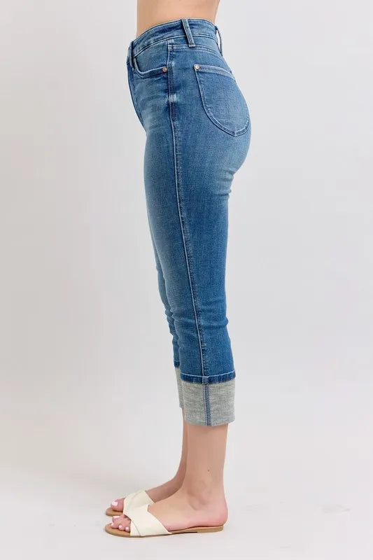 Judy Blue Plus Size Skinny Cuff Capris Jeans with Pockets - Love Salve