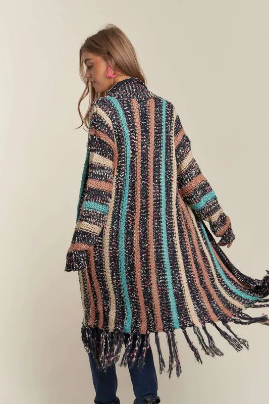 ADORA Multi Colour Sweater Long Cardigan with Fringes - Love Salve