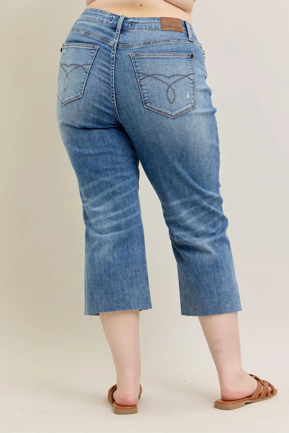Judy Blue Plus Size High Waist Back Destroyed Raw Cut Hem Crop Wide Leg Jeans - Love Salve