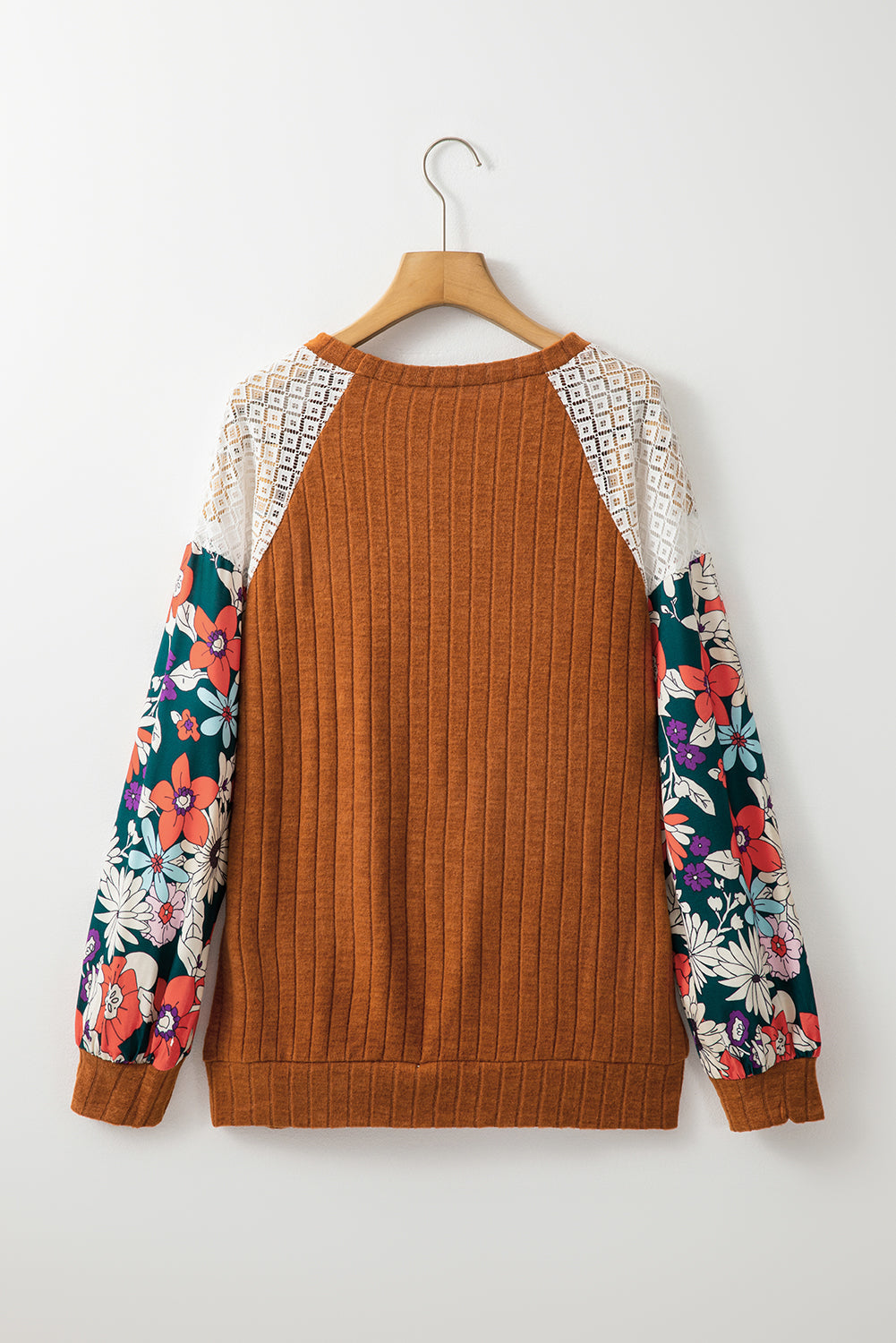 Bailey Patchwork Long Sleeve Ribbed Blouse with Floral Lace Detail - Love Salve