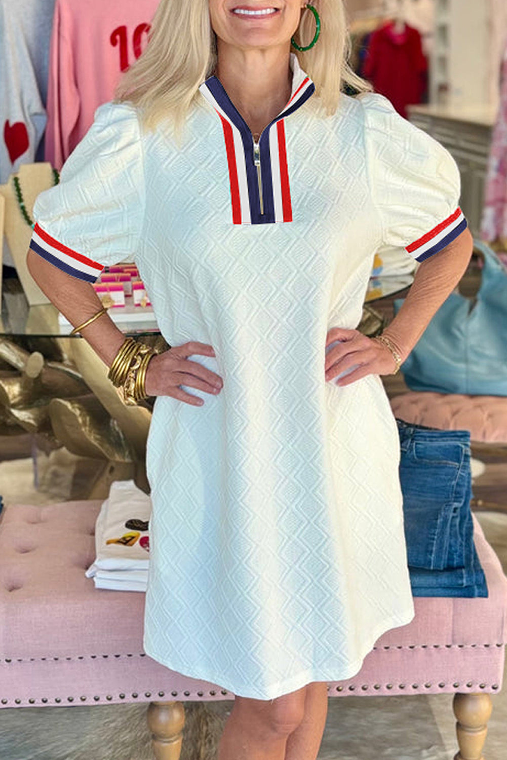 White Textured Jacquard Colorblock Edge Puff Sleeve Mini Dress