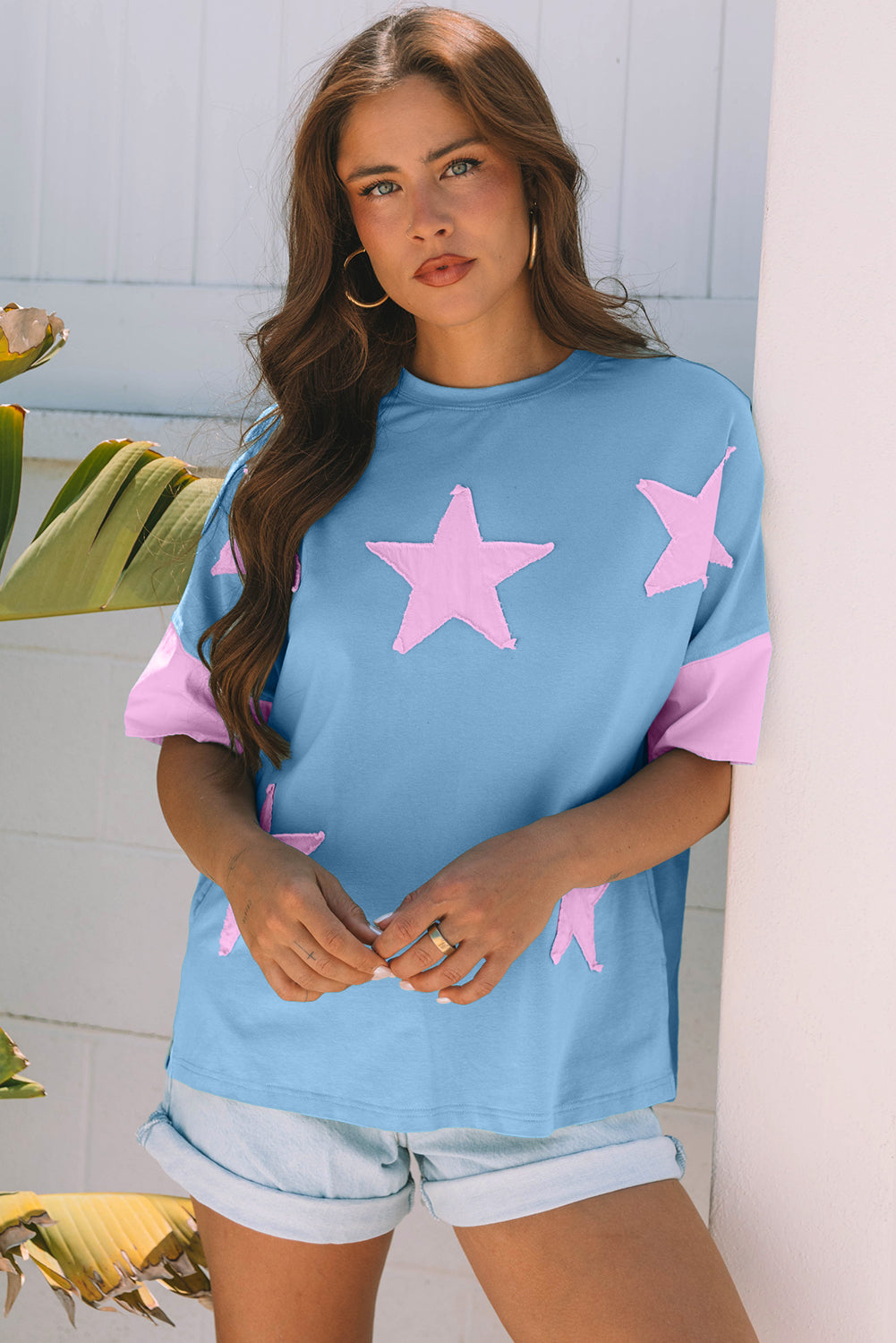Myosotis Frayed Denim Star Patched Oversize T Shirt - Love Salve