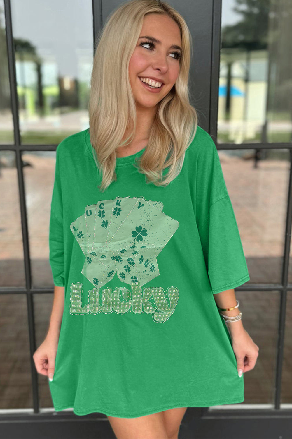 Bright Green Rhinestone Lucky Poker Cards Mini Dress T Shirt