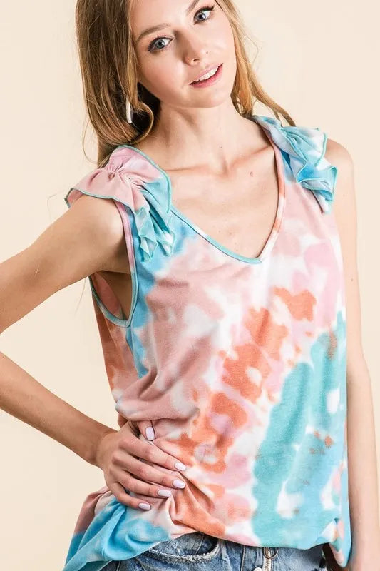 BiBi Circular Tie Dye Knit V Neck Top With Ruffle - Love Salve
