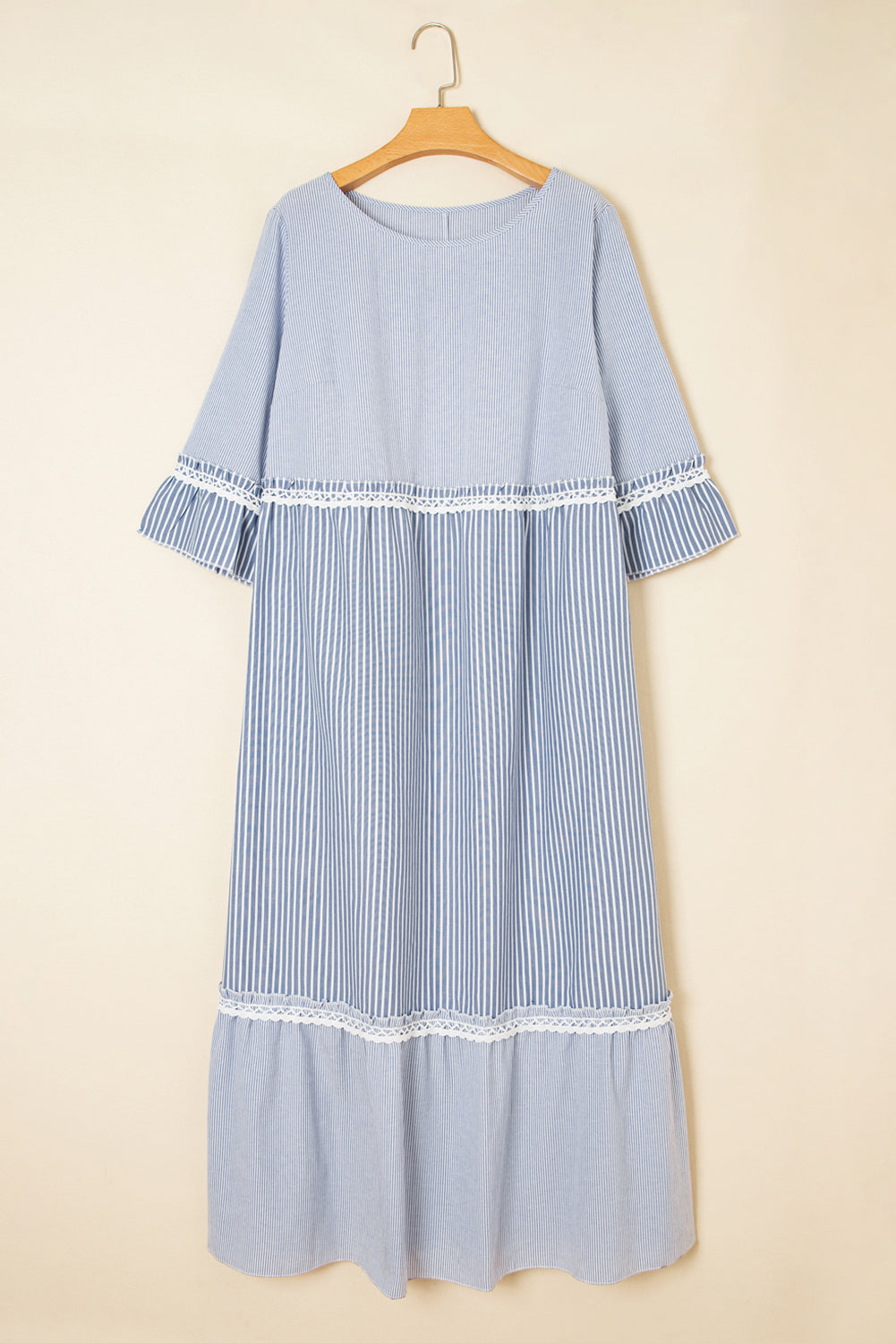 Sky Blue Stripe Crisscross Lace Patchwork Plus Size Dress