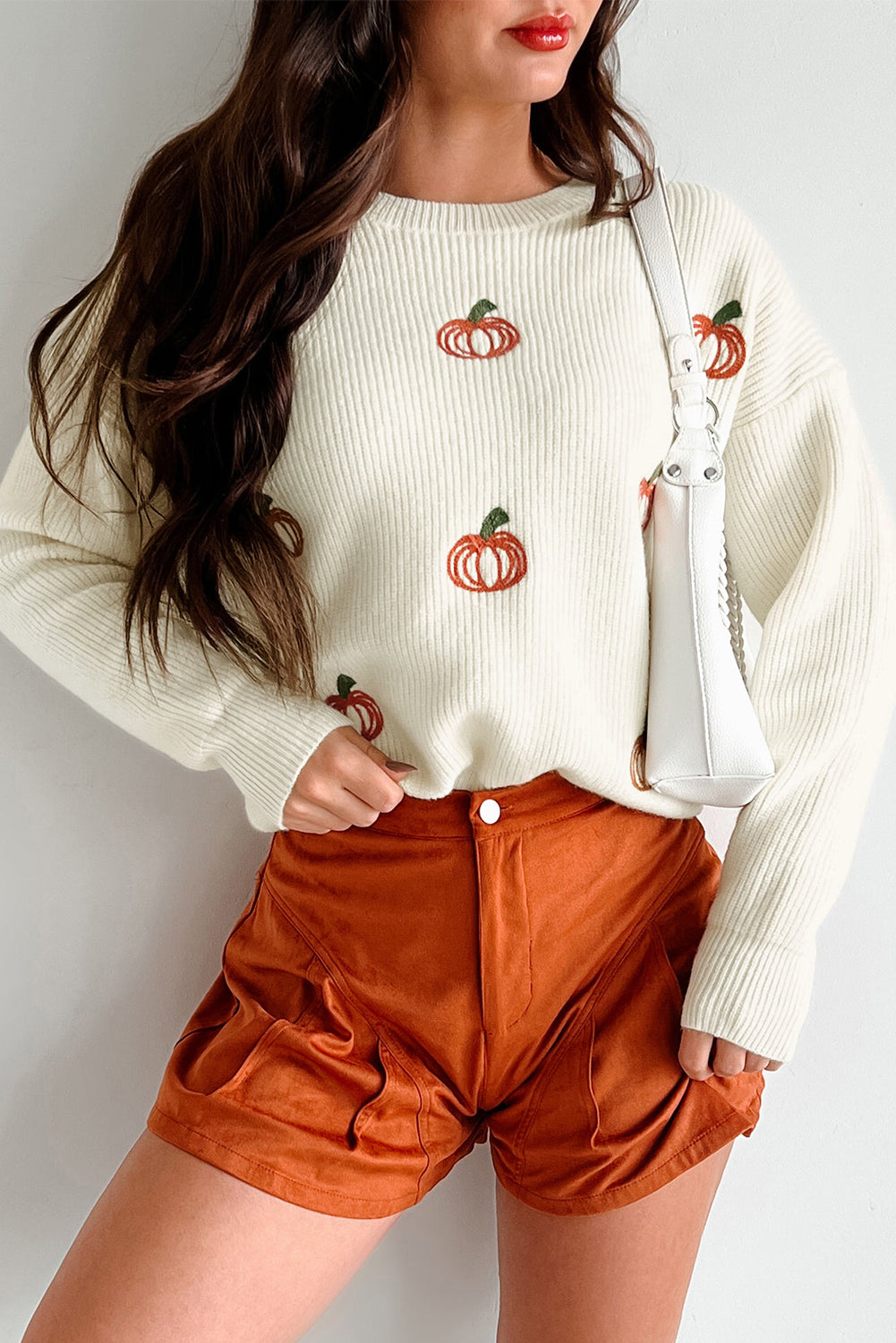 Beige Pumpkin Embroidered Ribbed Thanksgiving Sweater