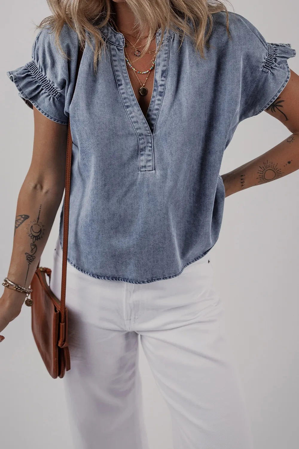 V Neck Ruffled Short Puff Sleeve Denim Top