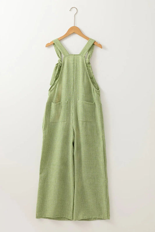 Green Gingham Wide Leg Overalls With Pockets For Women Dear-Lover Dropshipping