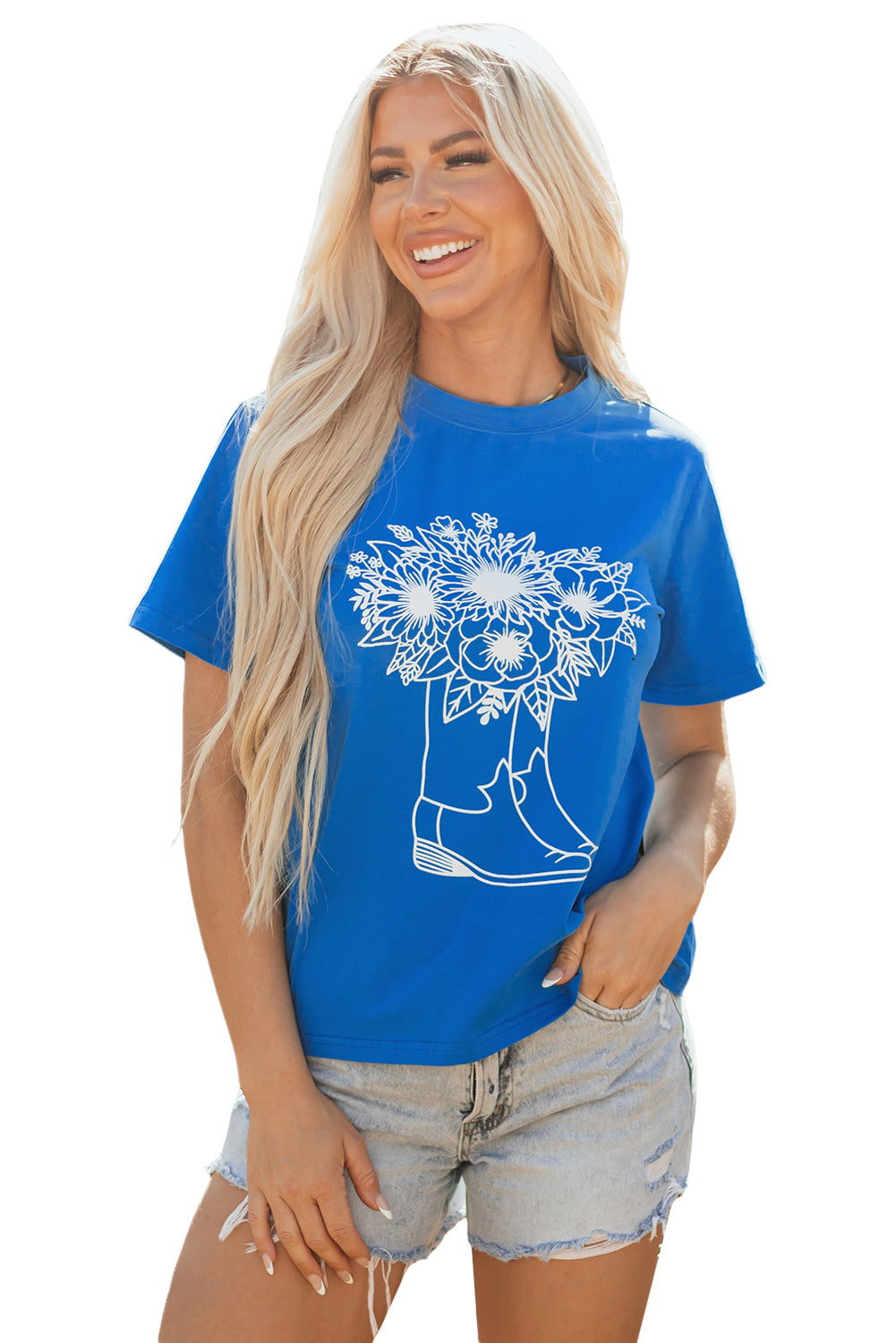 Blue Sunflower Boots Graphic Western Fashion T Shirt for Women
